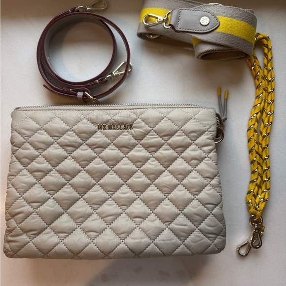 MZ Wallace Beige Quilted Clutch with Yellow Strap